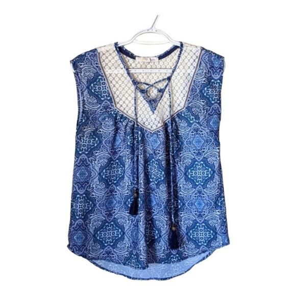 Womens Rewind Boho Sleeveless Tassel Mixed Media Lace Top - Sz XS - Picture 3 of 3